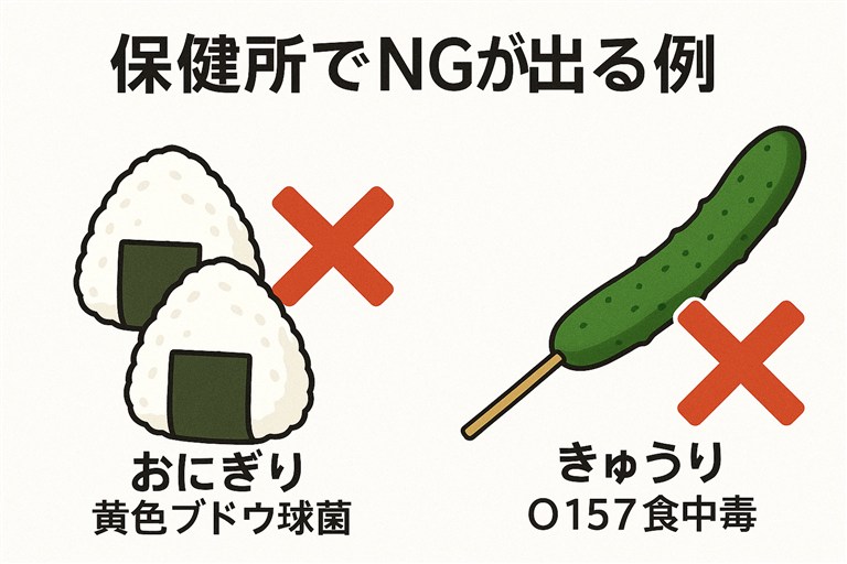 保健所でのNG例 おにぎりやキュウリの漬物は菌の繁殖があるためNG