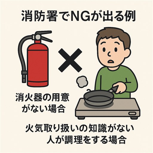 消防署でのNG例 簡易消火器がない場合や下記取り扱いの知識がない人の火の扱いはNG